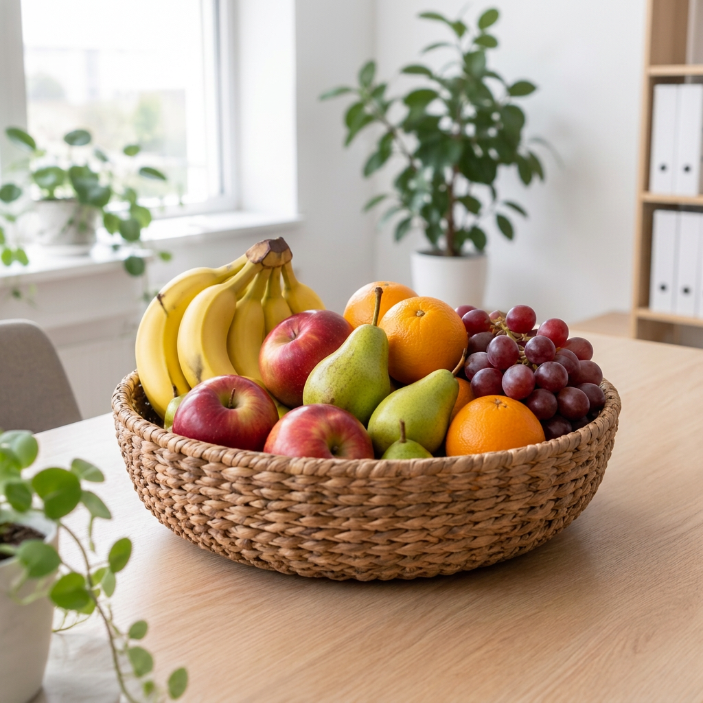 Fruktkorg med färsk frukt på ett ljust kontor